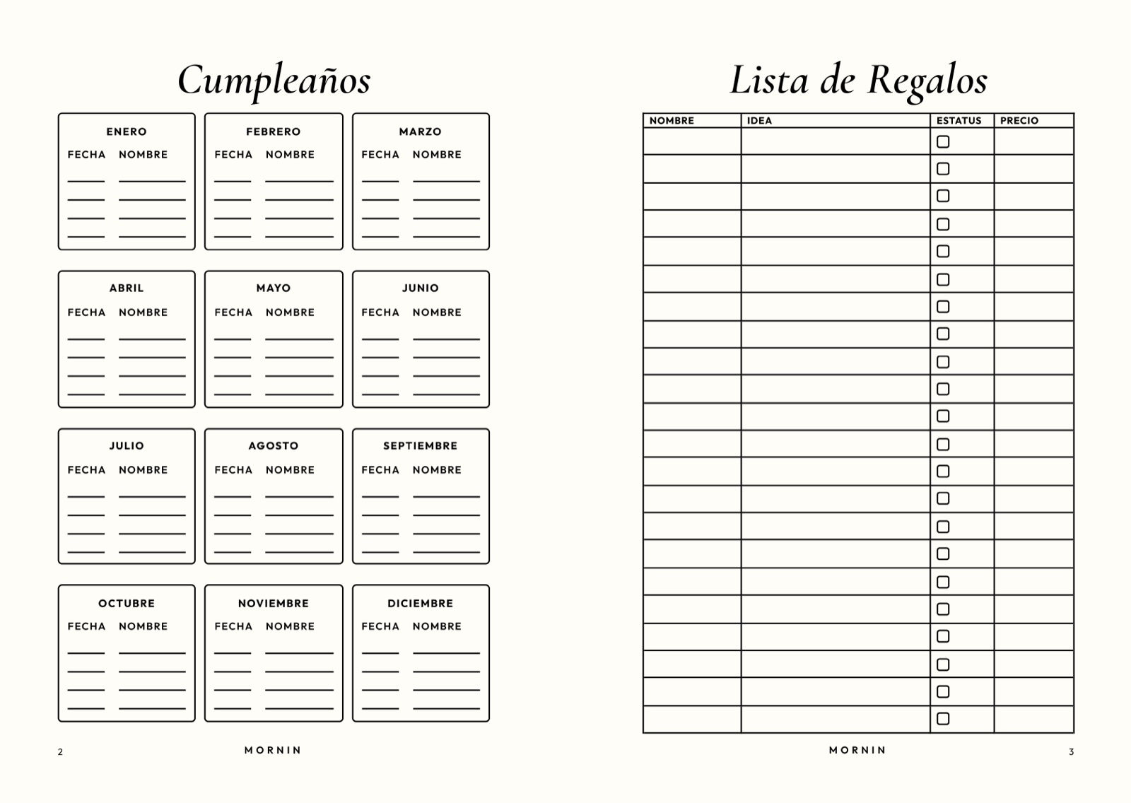 Agenda Mornin — Cumpleaños y lista de regalos