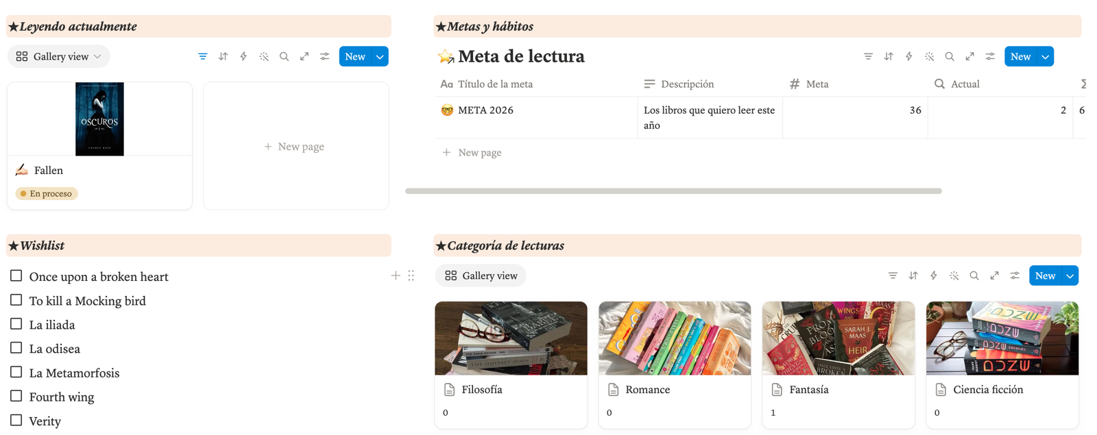 Librería digital — Leyendo actualmente y wishlist